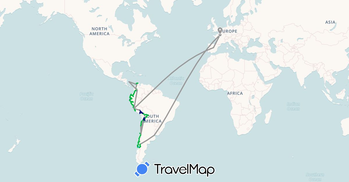 TravelMap itinerary: driving, bus, plane, cycling, hiking, boat, hitchhiking, motorbike in Argentina, Bolivia, Chile, Colombia, Ecuador, Spain, France, Peru (Europe, South America)